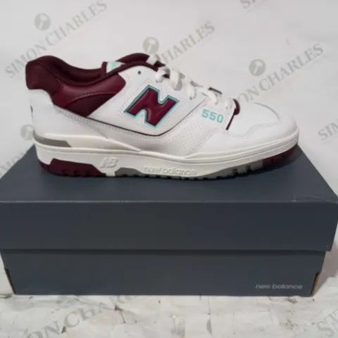 BOXED PAIR OF NEW BALANCE 550 TRAINERS IN WHITE/BURGUNDY/CYAN UK SIZE 9.5