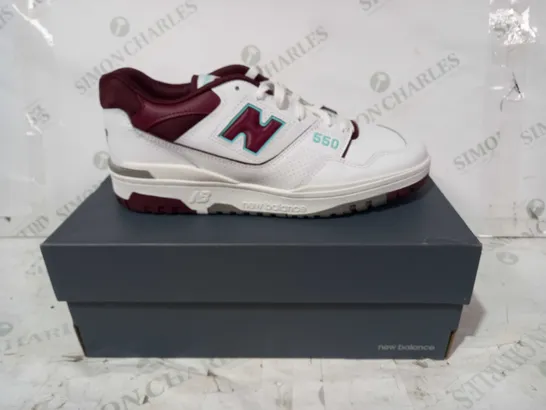 BOXED PAIR OF NEW BALANCE 550 TRAINERS IN WHITE/BURGUNDY/CYAN UK SIZE 9.5