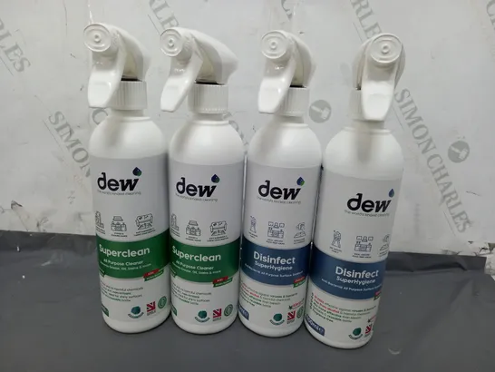 4 DEW CLEANING PRODUCTS TO INCLUDE SUPERCLEAN ALL PURPOSE CLEANER 500ML, DISINFECT SUPERHYGIENE ANTI-BACTERIAL ALL PURPOSE SURFACE SANITISER 500ML  