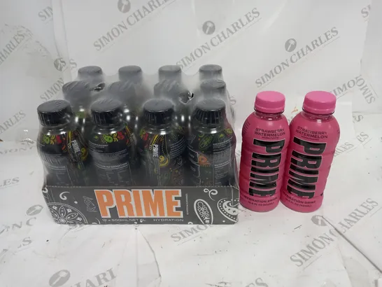 BOX OF ASSORTED FOOD AND DRINK ITEMS TO INCLUDE PRIME ( STRAWBERRY WATERMELON, ORANGE MANGO)