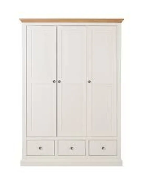 BOXED GRADE 1 HANNA CREAM/OAK-EFFECT 3-DOOR 3-DRAWER WARDROBE (3 BOXES)