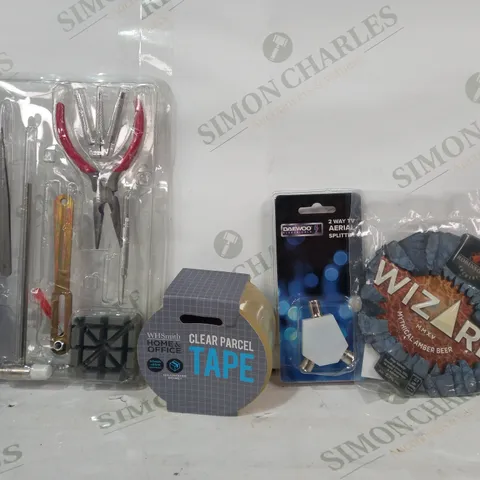 LOT OF APPROXIMATELY 10 ASSORTED HOUSEHOLD ITEMS TO INCLUDE DAEWOOD 2 WAY AERIAL SPLITTER, CLEAR PARCEL TAPE, ETC