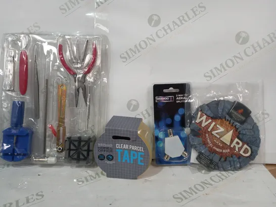 LOT OF APPROXIMATELY 10 ASSORTED HOUSEHOLD ITEMS TO INCLUDE DAEWOOD 2 WAY AERIAL SPLITTER, CLEAR PARCEL TAPE, ETC