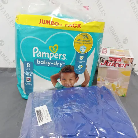 APPROXIMATELY 15 ASSORTED HOUSEHOLD ITEMS TO INCLUDE POOL COVER, PAMPERS BABY-DRY JUMBO PACK, PENG HUI JUICER, ETC