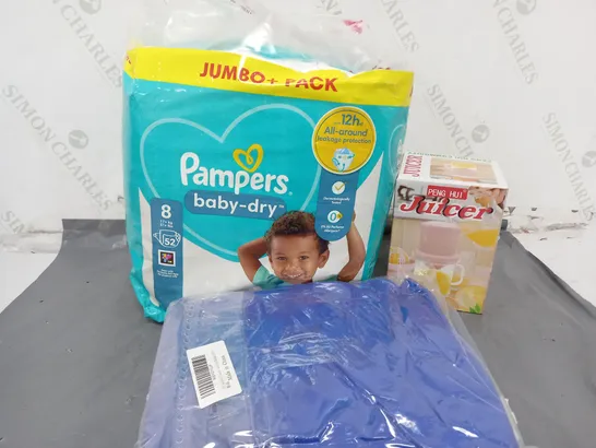 APPROXIMATELY 15 ASSORTED HOUSEHOLD ITEMS TO INCLUDE POOL COVER, PAMPERS BABY-DRY JUMBO PACK, PENG HUI JUICER, ETC