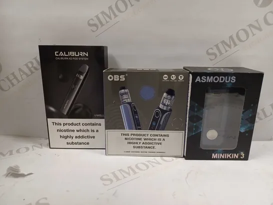 LOT OF APPROXIMATELY 25 ASSORTED E-CIGARETTES AND LIQUIDS TO INCLUDE ASMODUS MINIKIN 3, OBS CUBE FP KIT, CALIBURN A2 POD SYSTEM, ETC