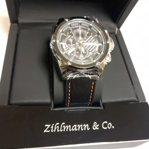 MEN’S ZIHLMANN & CO CHRONOGRAPH WATCH – MODEL ZC60 - BLACK DIAL WITH SUB DIALS – 3ATM WATER RESISTANT – GENUINE LEATHER STRAP 