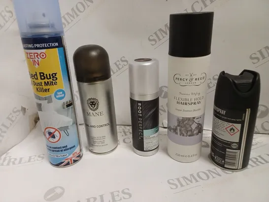 BOX OF APPROX 15 ASSORTED AEROSOLS TO INCLUDE MENS BODY SPRAY, BUG KILLER, MANE HAIR THICKENER ETC - COLLECTION ONLY 