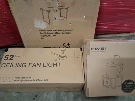 PALLET OF ASSORTED HOUSEHOLD ITEMS TO INCLUDE CEILING FAN LIGHT, PICNIC TABLE AND FOOD PROCESSOR 