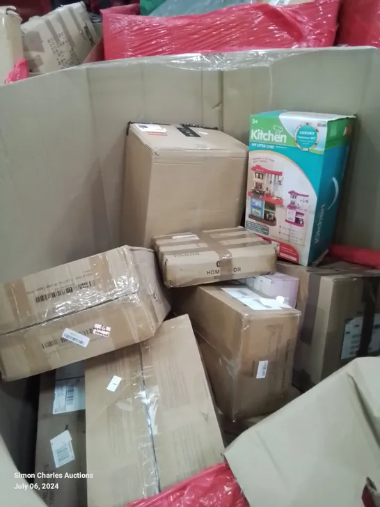 PALLET OF ASSORTED HOUSEHOLD ITEMS TO INCLUDE, KIDS TRIKE, BOXED FURNITURE, KIDS PLAY KITCHEN, BREAD BOX, ETC.