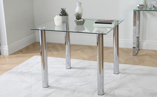 BOXED NOVA SQUARE GLASS DINING TABLE WITH CHROME LEGS 90X90CM 