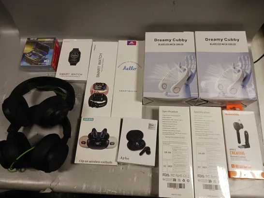 LARGE BOX OF ASSORTED ELECTRICAL GOODS TO INCLUDE WIRELESS EARBUDS, TOOTH CLEANING KIT, NECK FAN, SMART WATCHES, AND GAMING HEADSET ETC. 