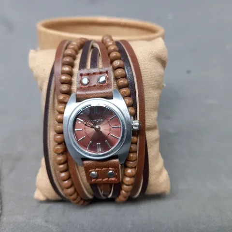 KAHUNA STRAPPY SILVER EFFECT WATCH W. BROWN STRAPS & BEADS