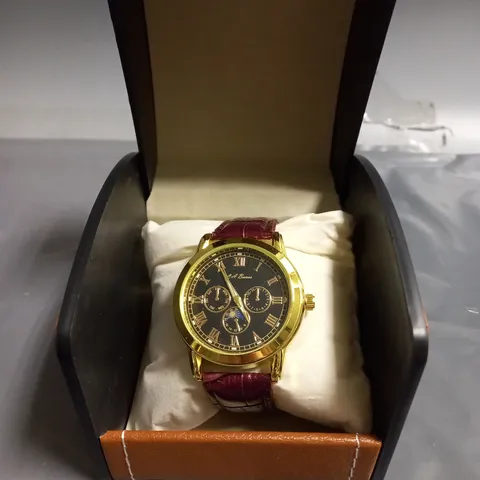 LA BANUS MENS WATCH IN GOLD WITH BURGUNDY TEXTURED LEATHER STRAP 