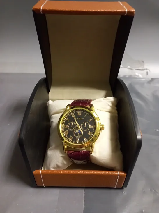 LA BANUS MENS WATCH IN GOLD WITH BURGUNDY TEXTURED LEATHER STRAP 