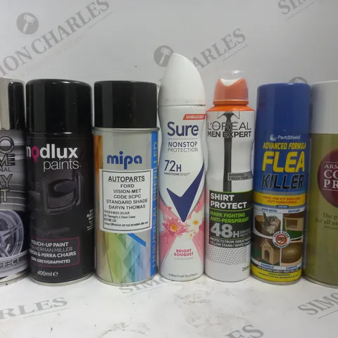 BOX OF APPROX 15 ASSORTED AEROSOLS TO INCLUDE MODLUX TOUCH UP PAINT, SURE DEODORANT, L'OREAL MEN EXPERT DEODORANT, ETC 