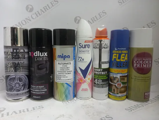 BOX OF APPROX 15 ASSORTED AEROSOLS TO INCLUDE MODLUX TOUCH UP PAINT, SURE DEODORANT, L'OREAL MEN EXPERT DEODORANT, ETC 