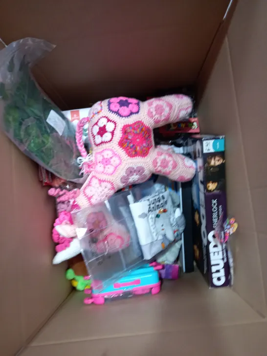 BOX OF ASSORTED TOYS TO INCLUDE BARBIE, PRANKSTER, GLOW UP SOLAR SYSTEM ETC