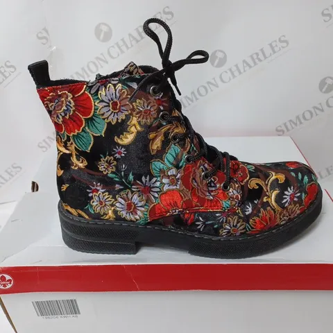 BOXED PAIR OF RIEKER LACE UP BOOTS MULTI/FLORAL PATTERN - SIZE 6 