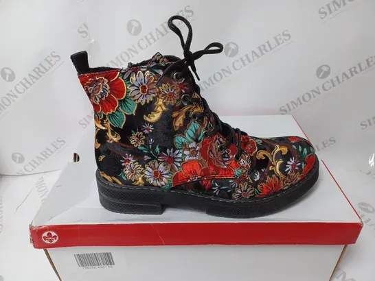 BOXED PAIR OF RIEKER LACE UP BOOTS MULTI/FLORAL PATTERN - SIZE 6 