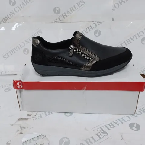 BOXED RIEKER BLACK ZIP DETAIL TRAINERS- SIZE 6 