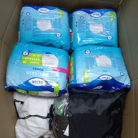 LARGE BOX OF 6 ASSORTED HOUSEHOLD ITEMS TOO INCLUDE HOSEPIPES , PRO SKIN PANTS AND BEDDING 