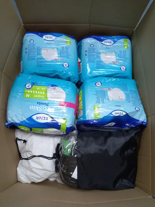 LARGE BOX OF 6 ASSORTED HOUSEHOLD ITEMS TOO INCLUDE HOSEPIPES , PRO SKIN PANTS AND BEDDING 