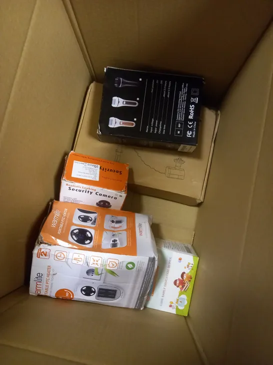 BOX OF APPROXIMATELY 5 ASSORTED ITEMS TO INCLUDE FOUNTAIN PUMP, PORTABLE HEATER, EDUCATION DEVICE ETC