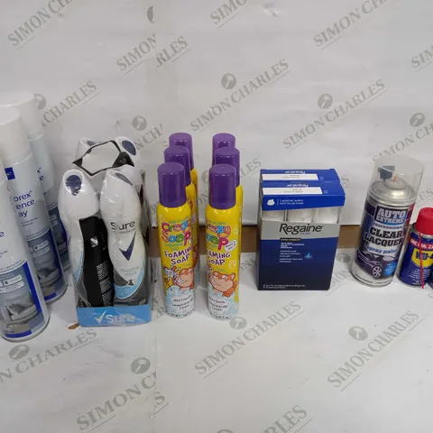 LOT OF APPROX 20 ASSORTED AEROSOLS TO INCLUDE BODY SPRAY, SOAP, WD-40 ETC