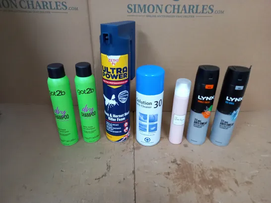 APPROXIMATELY 10 ASSORTED AEROSOLS TO INCLUDE GOT2BE DRY SHAMPOO, SOLUTION 30 LENS CLEANER, AND LYNX ICE CHILL ETC. 