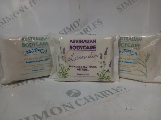 BOXED SET OF APPROXIMATELY 5 AUSTRALIAN BODYCARE WET WIPES PACKS (24 WIPES PER PACK)