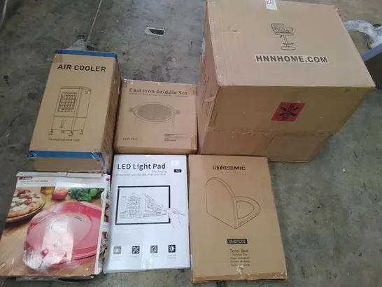 PALLET OF ASSORTED ITEMS INCLUDING AIR COOLER, CAST IRON GRIDDLE SET, STOREMIC TOILET, LED LIGHT PAD, JUDGE NON-STICK PIZZA MAKER, HNNHOME BAR STOOL