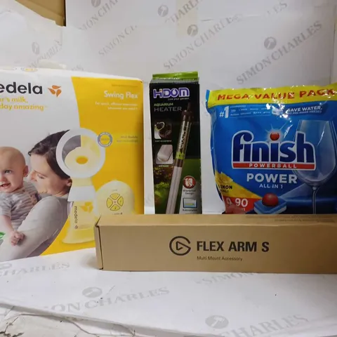 LOT OF APPROX 8 ASSORTED HOUSEHOLD ITEMS TO INCLUDE MEDELA BREAST PUMP, AQUARIUM HEATER, FLEX ARMS MULTI MOUNT ACCESSORY, ETC