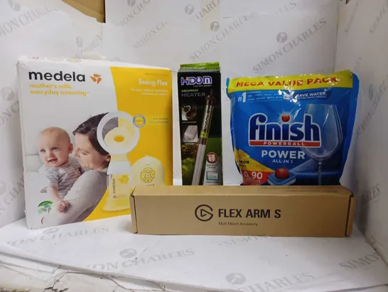 LOT OF APPROX 8 ASSORTED HOUSEHOLD ITEMS TO INCLUDE MEDELA BREAST PUMP, AQUARIUM HEATER, FLEX ARMS MULTI MOUNT ACCESSORY, ETC