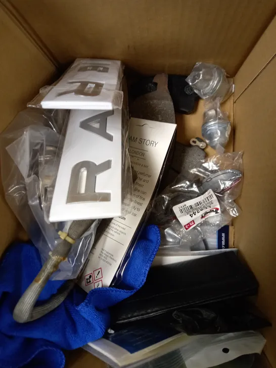 BOX OF APPROXIMATELY 20 ASSORTED VEHICULAR PRODUCTS TO INCLUDE DEEP SOCKET SET, SPARK PLUGS, PUNCTURE REPAIR KIT ETC 