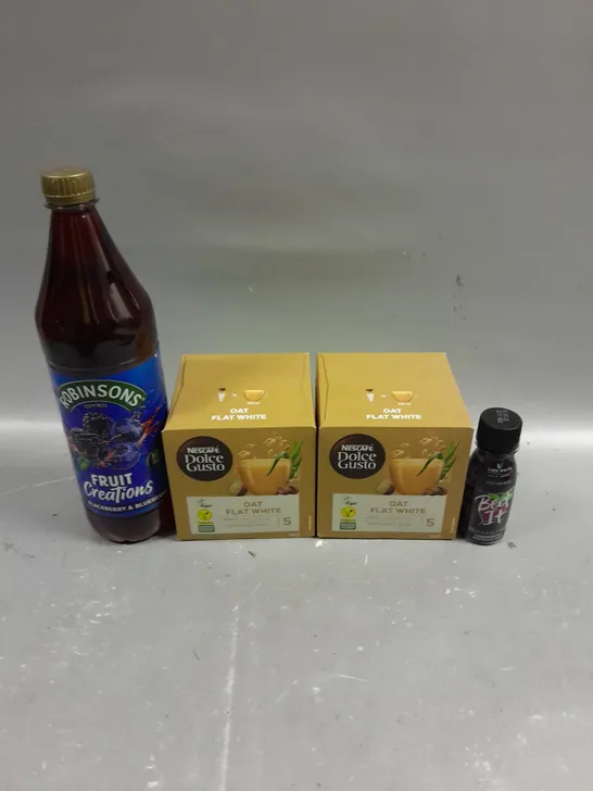 4 X ASSORTED DRINK PRODUCTS TO INCLUDE ROBINSONS BLACKBERRY CORDIAL, NESCAFE DOLCE GUSTO & JAMES WHITE BEET IT