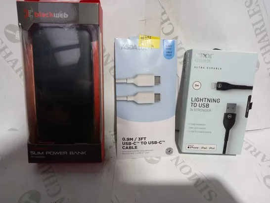 LOT OF APPROXIMATELY 10 ASSORTED HOUSEHOLD ITEMS TO INCLUDE BLACKWEB SLIM POWER BANK, ASDA TECH USB-C TO USB-C CABLE, MIXX LIGHTNING TO USB CABLE, ETC