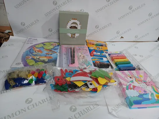 MEDIUM BOX OF ASSORTED TOYS AND GAMES TO INCLUDE PENS, ART AND CRAFTS ITEMS AND CARD GAMES