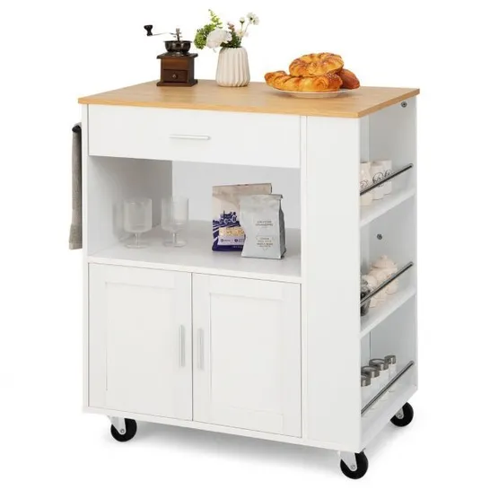 BOXED COSTWAY ROLLING KITCHEN ISLAND CART STORAGE CABINET W/ TOWEL & SPICE RACK - WHITE