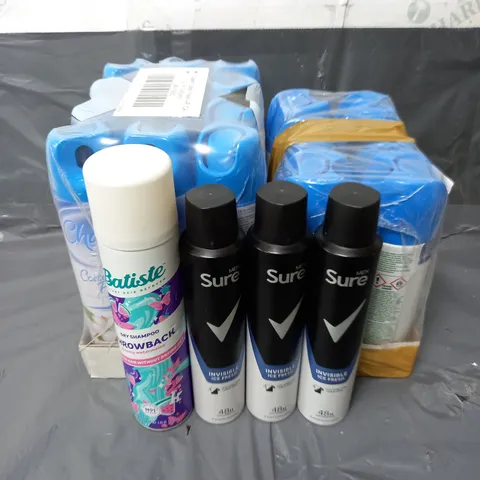 BOX OF APPROXIMATELY 10 ASSORTED AEROSOLS TO INCLUDE - BATISTE DRY SHAMPOO - DETTOL ALL IN ONE HYGEINE SPRAY - CHARM COTTON FRESH AIR FRESHENER - ETC - COLLECTION ONLY