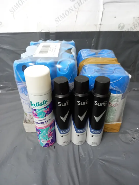 BOX OF APPROXIMATELY 10 ASSORTED AEROSOLS TO INCLUDE - BATISTE DRY SHAMPOO - DETTOL ALL IN ONE HYGEINE SPRAY - CHARM COTTON FRESH AIR FRESHENER - ETC - COLLECTION ONLY