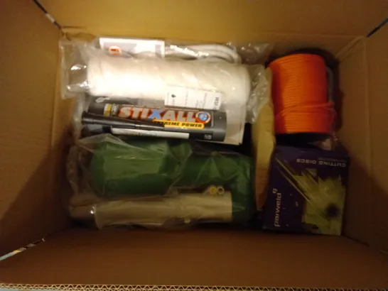 BOXED ASSORTMENT OF APROXIMATELY 10 DIY ITEMS TO INCUDE MASTERPLUG, PARWELD, EVERBUILD, ETC