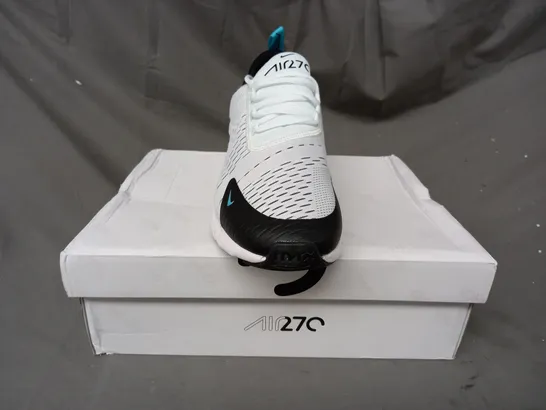 BOXED PAIR OF NIKE AIR MAX 270 SHOES IN WHITE/BLACK/CYAN UK SIZE 8.5