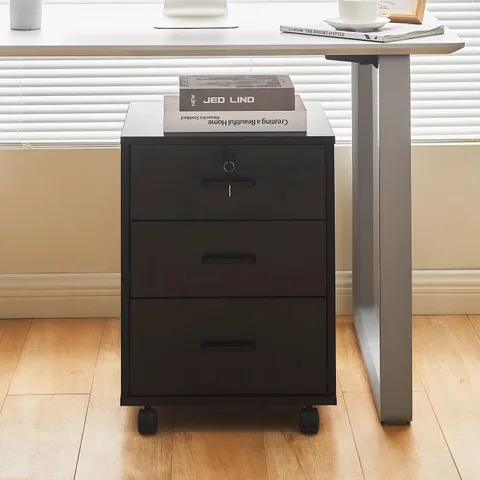 BOXED BLACK BEDSIDE CHEST WITH WHEELS 