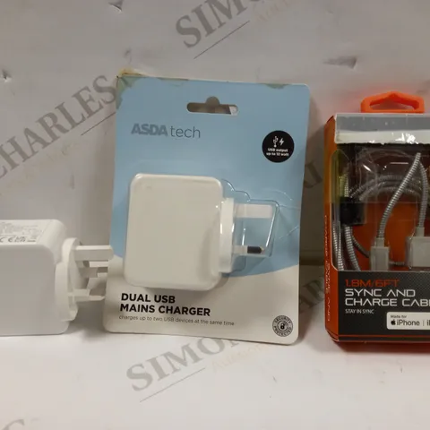 LOT OF APPROXIMATELY 16 ASSORTED CABLES AND PLUGS TO INCLUDE BLACKWEB SYNC AND CHARGE CABLE (6FT), DUAL USB MAINS CHARGER, USB-C AND USB-A 36W CHARGING PLUG, ETC