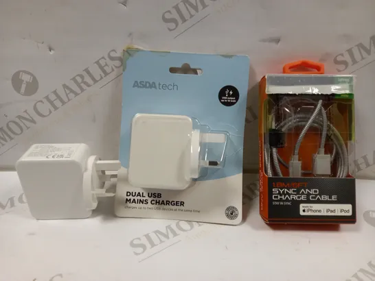 LOT OF APPROXIMATELY 16 ASSORTED CABLES AND PLUGS TO INCLUDE BLACKWEB SYNC AND CHARGE CABLE (6FT), DUAL USB MAINS CHARGER, USB-C AND USB-A 36W CHARGING PLUG, ETC