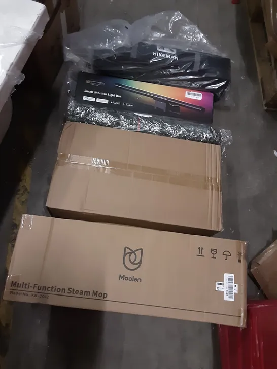 PALLET OF ASSORTED PRODUCTS INCLUDING SMART MONITOR LIGHT BAR, MOOLAN MULTI-FUNCTION STEAM MOP, STOREMIC TOILET, PAXCESS PRESSURE WASHER, ANIMAL ISLAND, STORAGE STOOL