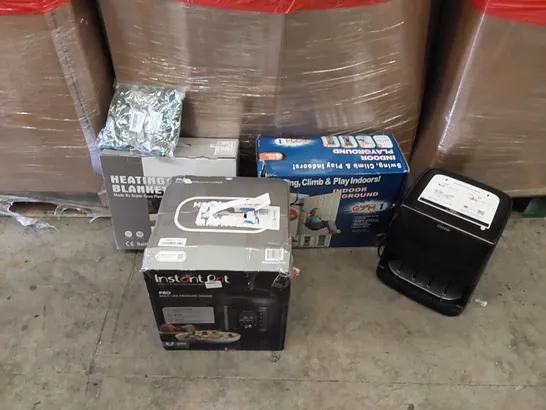 PALLET OF ASSORTED ITEMS INCLUDING:AIR FRYER, PRESSURE COOKER, CHILDREN'S PLAY SET, HEATED BLANKET, PARTY DECORATIONS 