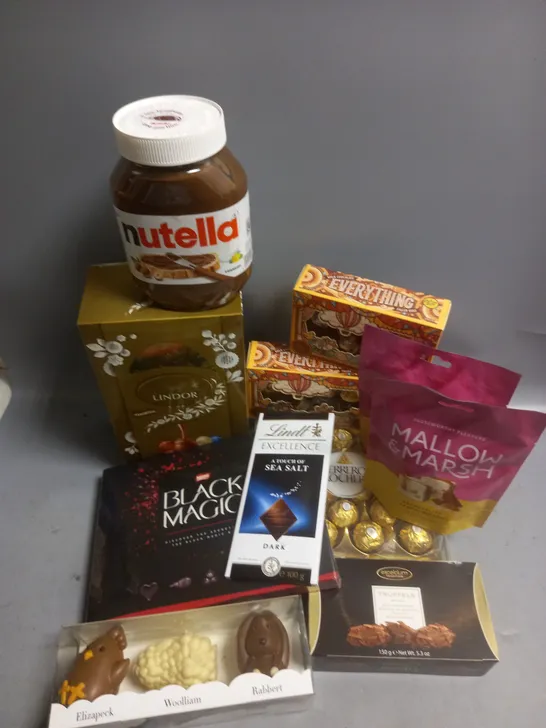 BOX OF APPROX 10 ASSORTED FOOD ITEMS TO INCLUDE - NUTELLA 950G - FERRERO ROCHER - BLACK MAGIC CHOCOLATE SELECTION BOX ETC