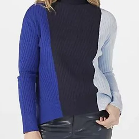 BOX OF BADGLEY MISCHKA DARK BLUE/BLACK/LIGHT BLUE TURTLE NECK JUMPER - SIZE LARGE